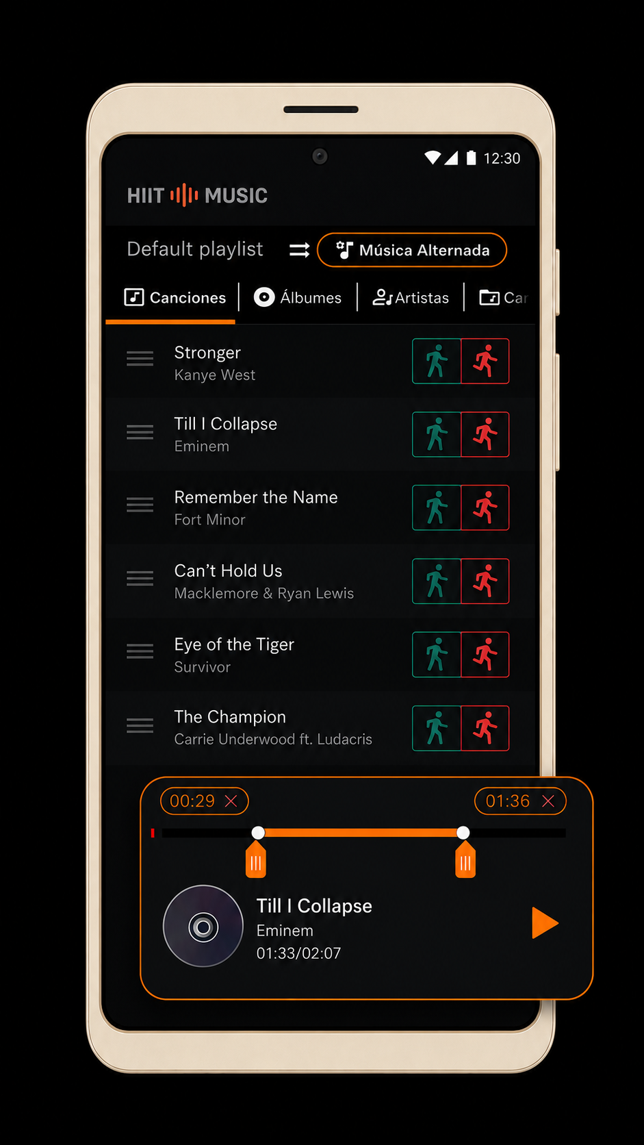 Promotional screenshot showing music assignment and trimming in HIIT Music